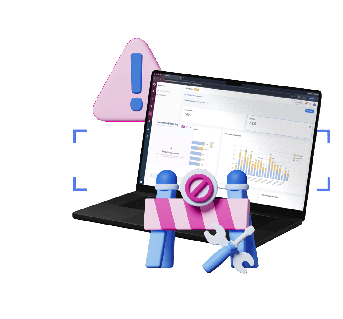 Painel do Holmes em laptop com ilustrações 3D de alerta e ferramentas, simbolizando desafios de gestão em construtoras.
