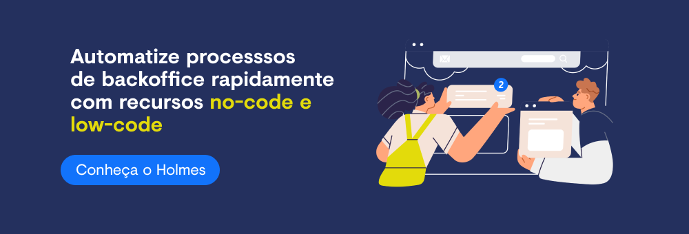 Banner em azul escuro com uma ilustração de dois personagens um menino e uma menina mexendo em computador com o texto ao lado: Automatize processsos  de backoffice rapidamente com recursos no-code e low-code 