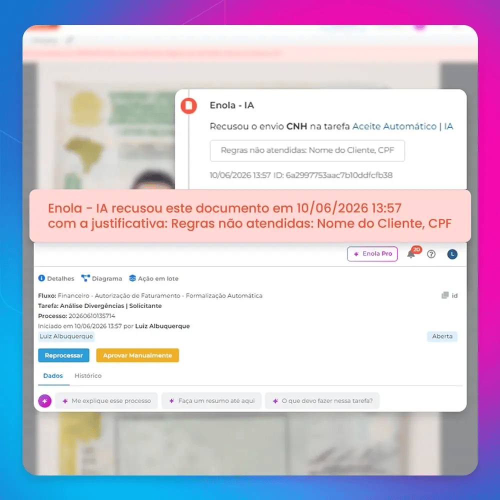 Enola IA validando automaticamente documentos de venda de veículo