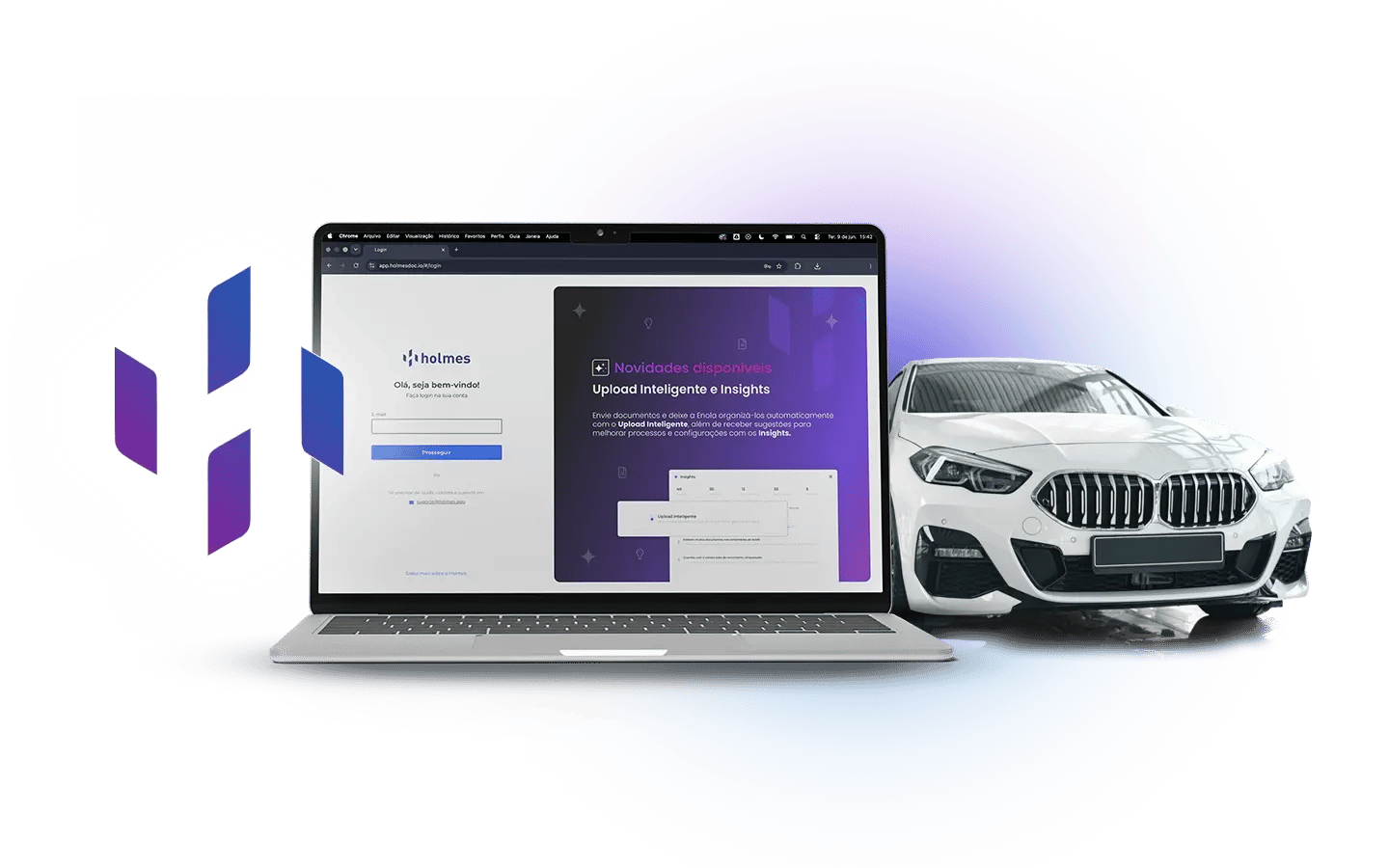 Notebook exibindo a plataforma Holmes ao lado de um carro de concessionária, representando a gestão de processos automotivos