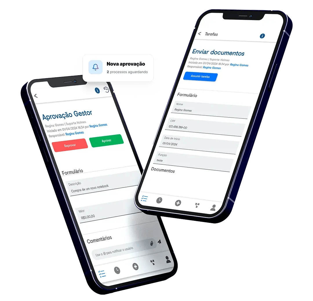 Mockup de dois smartphones exibindo o app Holmes com telas de aprovação de gestor e envio de documentos para gestão de tarefas e processos