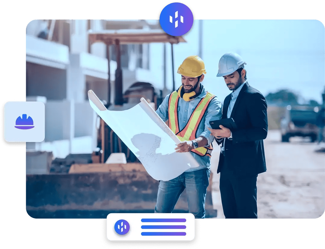 Engenheiro e gestor analisando projeto em canteiro de obras usando o Holmes para controle de processos